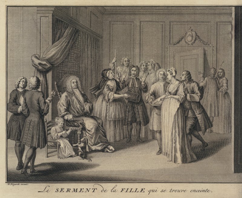 Žena přísahající dítě hrobovému občanovi (rytina) od William (after) Hogarth