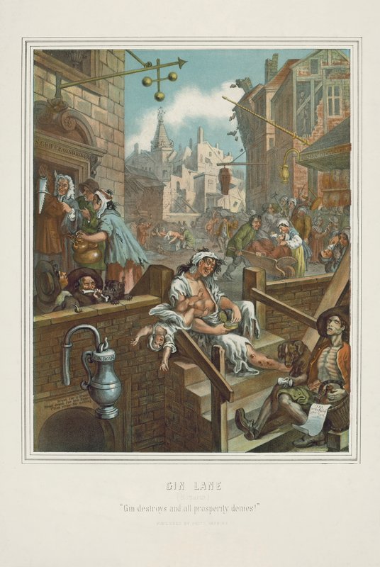 Chromolitografie Williama Hogartha Gin Lane (chromolitho) od William (after) Hogarth