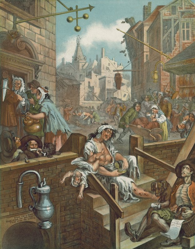 Chromolitografie Williama Hogartha Gin Lane (chromolitho) od William (after) Hogarth