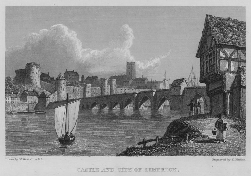 Hrad a město Limerick (rytina) od William (after) Westall