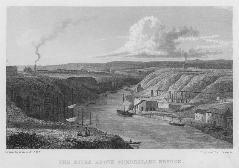 Řeka nad mostem Sunderland (rytina) od William (after) Westall