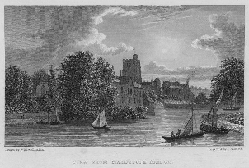 Pohled z Maidstone Bridge (rytina) od William (after) Westall