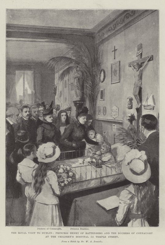 Královská návštěva Dublinu, princezna Jindřich z Battenbergu a vévodkyně z Connaughtu v dětské nemocnici v Temple Street litho od William A. Donnelly