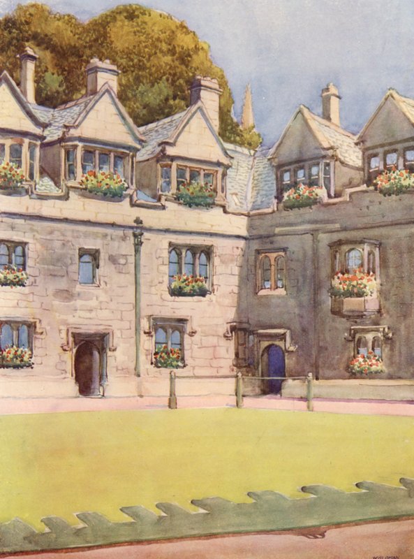 Čtverec před Brasenose College, v pozadí slavný kaštan známý jako Heberův strom (barevná litografie) od William Ainsworth Wildman