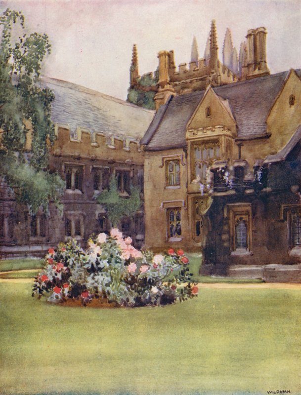 Magdalen College, prezidentská lóže a věž zakladatelů (barevná litografie) od William Ainsworth Wildman