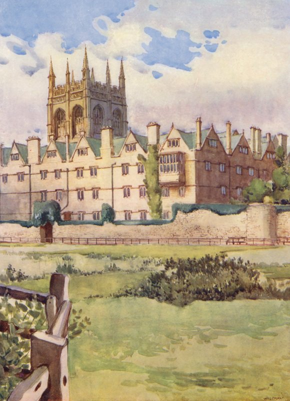 Merton College, v níž byla během občanské války ubytována královna Henrietta Marie, s baštou starých městských hradeb (barevná litografie) od William Ainsworth Wildman