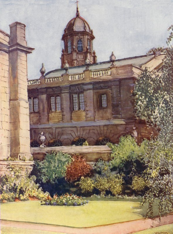 Sheldonian Theatre a Bodleian Library z rektorské zahrady, Exeter College (barevná litografie) od William Ainsworth Wildman