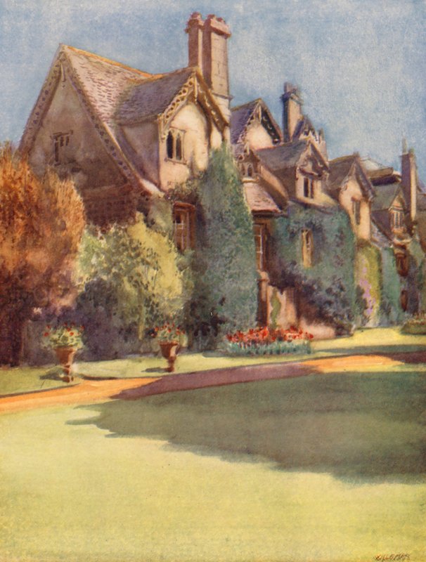 "Mansiones" ve Worcester College; pozůstatek sálu benediktinských mnichů (barevná litografie) od William Ainsworth Wildman