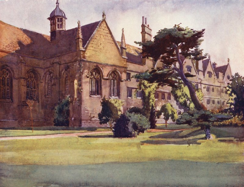 Zahradní průčelí Wadham College (barevná litografie) od William Ainsworth Wildman