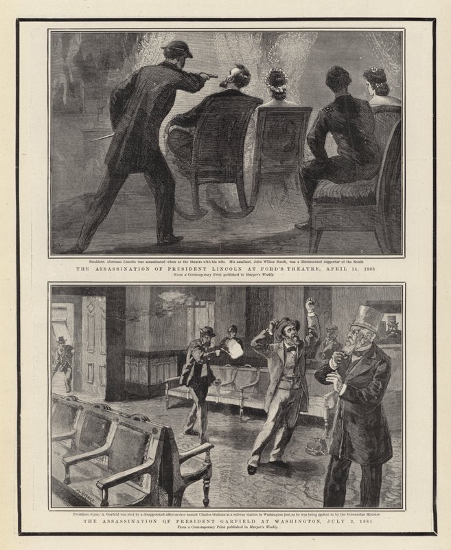 Atentát na prezidenta Lincolna ve Fordově divadle, 14. dubna 1865, Atentát na prezidenta Garfielda ve Washingtonu, 2. července 1881 od William Allen Rogers