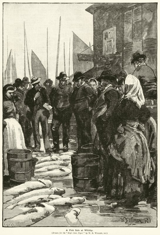 Prodej ryb ve Whitby (rytina) od William Barnes (after) Wollen