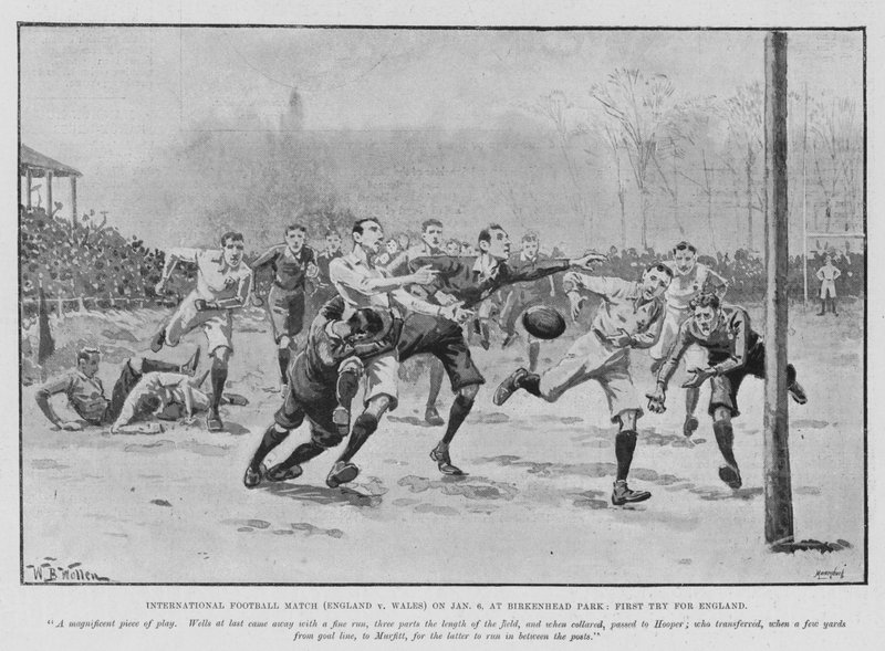 Mezinárodní fotbalový zápas (Anglie proti Walesu) 6. ledna v Birkenhead Park, First Try for England (litho) od William Barnes (after) Wollen