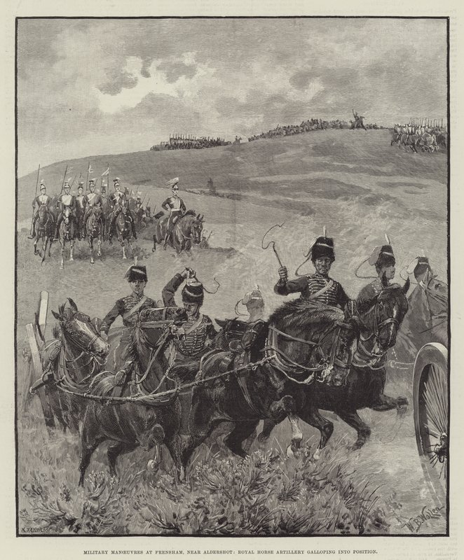 Vojenské manévry ve Frenshamu, poblíž Aldershot, Royal Horse Artillery cválající do pozice od William Barnes Wollen