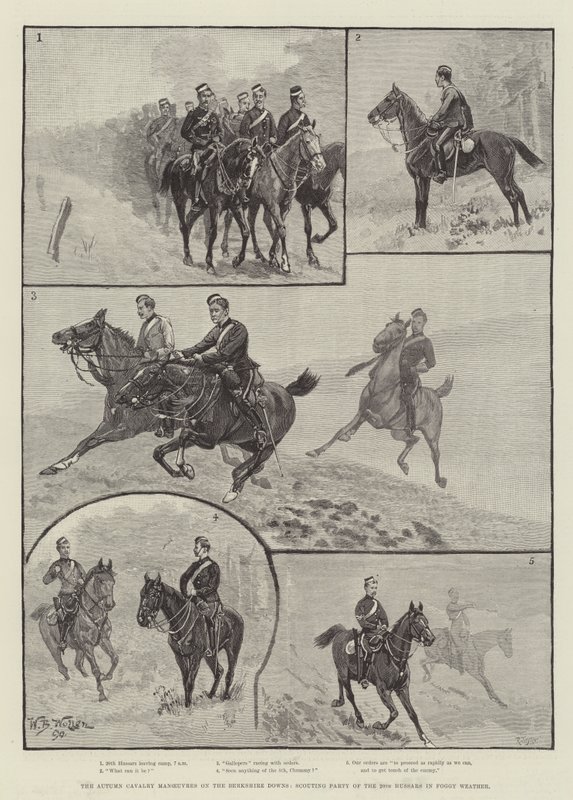 Podzimní manévry kavalerie v Berkshire Downs, skautská skupina 20. husarů v mlhavém počasí od William Barnes Wollen