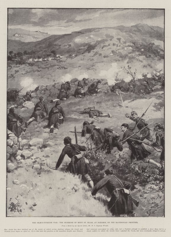 Řecko-turecká válka, šarvátka na Mont St Elias v Nazarosu, na makedonské hranici od William Barnes Wollen