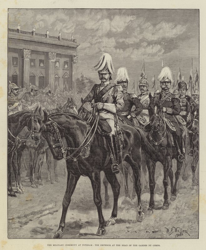 Vojenský obřad v Postupimi, císař v čele Gardes du Corps od William Barnes Wollen