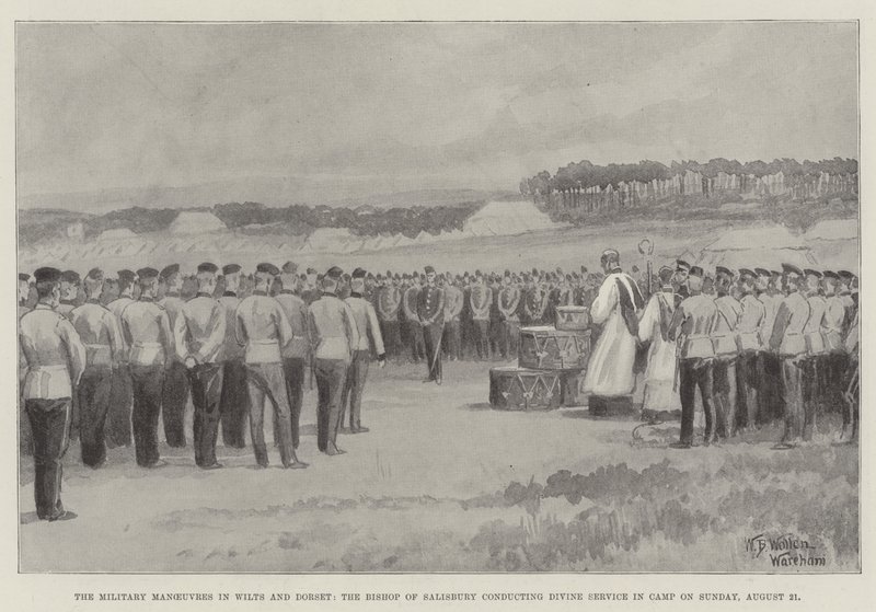 Vojenské manévry ve Wilts a Dorset, biskup ze Salisbury provádějící bohoslužbu v táboře v neděli 21. srpna od William Barnes Wollen