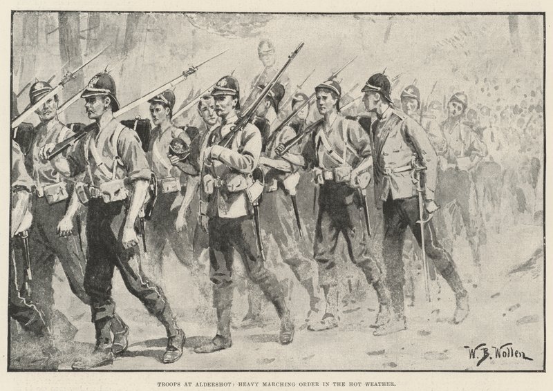 Vojska na Aldershot, těžký pochodový řád v horkém počasí od William Barnes Wollen