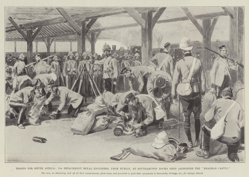 Vojska pro Jižní Afriku, 7. oddělení Royal Engineers, z Dublinu, v Southampton Docks Shed podél hradu Braemar od William Barnes Wollen