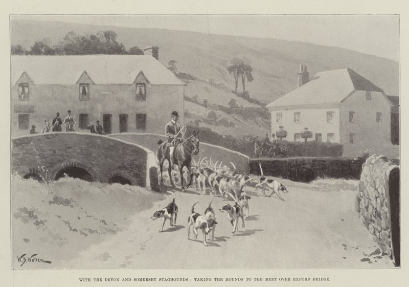 S Devonem a Somerset Staghoundy, vzít Hounds na Meet přes Exford Bridge od William Barnes Wollen