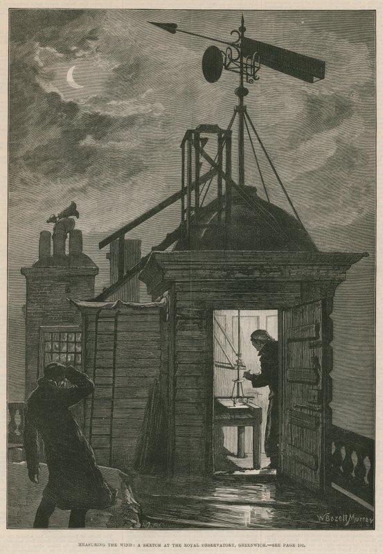 Měření větru; Skica na Royal Observatory, Greenwich (rytina) od William Bazett Murray