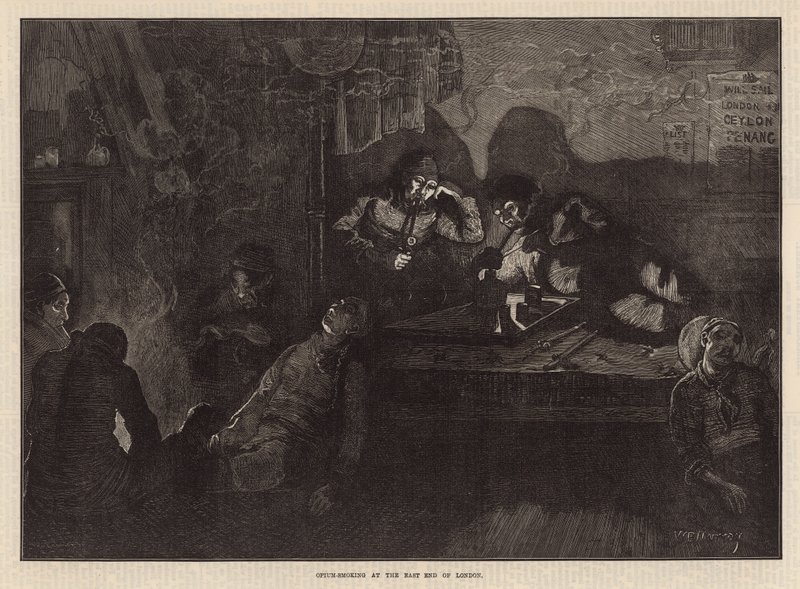 Kouření opia na East End of London (rytina) od William Bazett Murray
