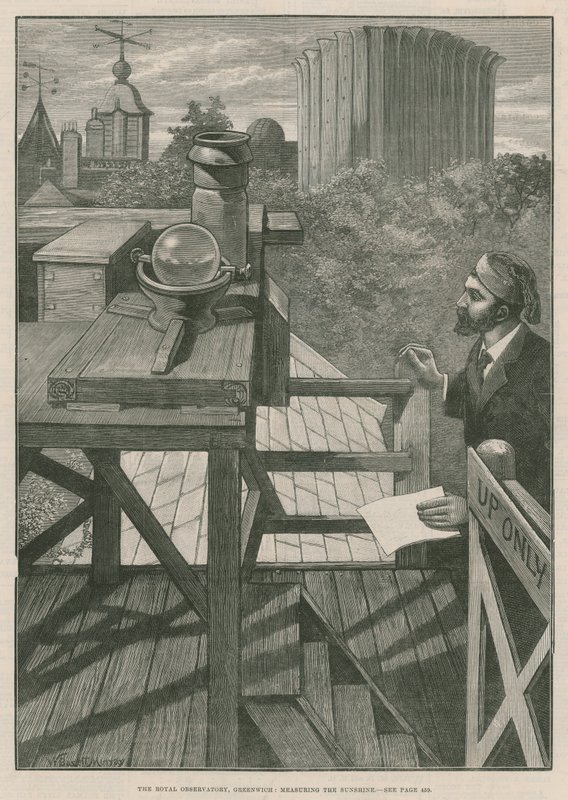Královská observatoř, Greenwich; Měření slunečního svitu (rytí) od William Bazett Murray