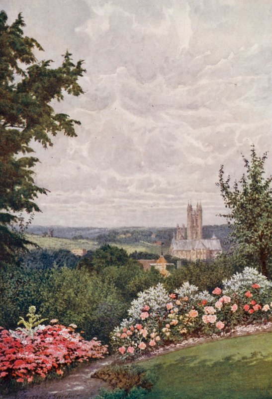 Canterburská katedrála, věž kostela svatého Martina a Harbledown (barevná litografie) od William Biscombe Gardner