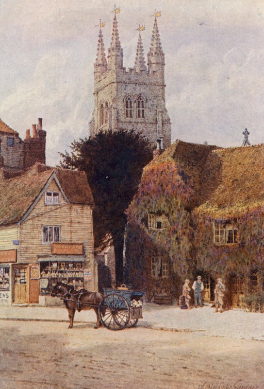 Kostel a hotel Woolpack, Tenterden (barevná litografie) od William Biscombe Gardner