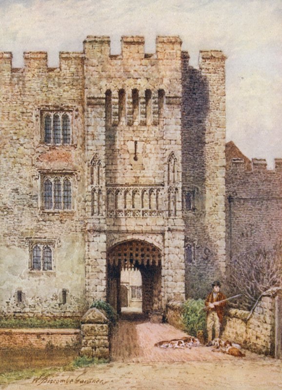 Vstup do hradu Hever (barevná litografie) od William Biscombe Gardner