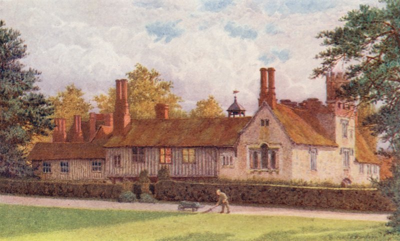 Ightham Mote z terasy (barevná litografie) od William Biscombe Gardner