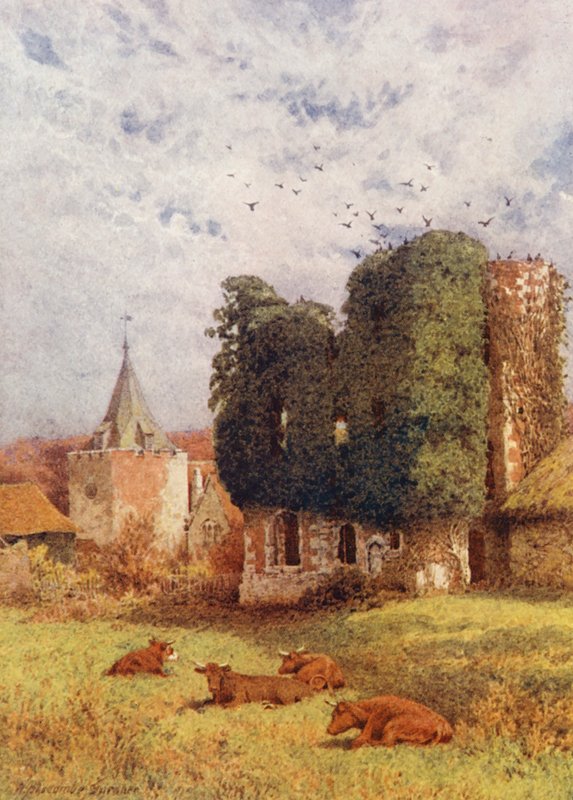 Otfordský hrad a kostel (barevná litografie) od William Biscombe Gardner