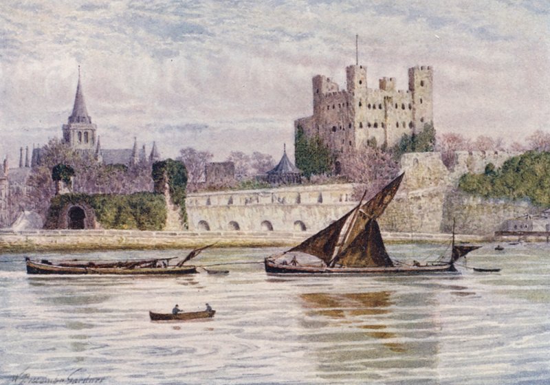 Hrad a katedrála v Rochesteru při pohledu přes řeku Medway (barevná litografie) od William Biscombe Gardner