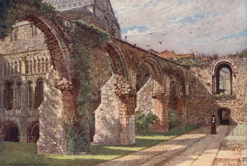Zřícenina ošetřovny, katedrála v Canterbury (barevná litografie) od William Biscombe Gardner