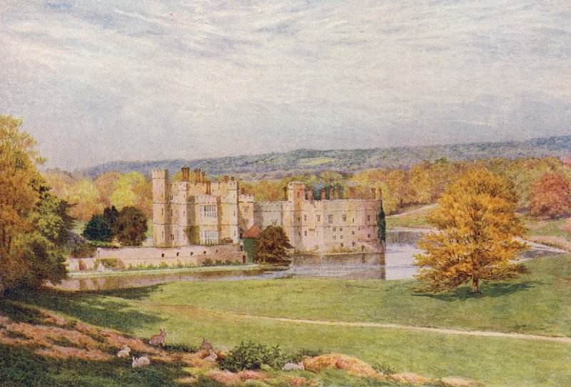 Pramen, hrad Lecds od JV (barevná litografie) od William Biscombe Gardner