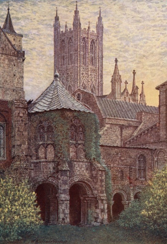 Křtitelnice, katedrála v Canterbury (barevná litografie) od William Biscombe Gardner