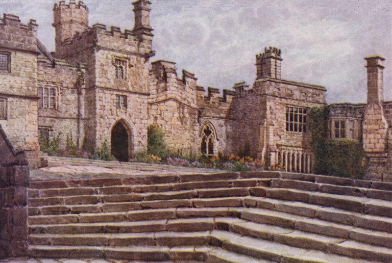 Dolní nádvoří, Haddon Hall (barevné lito) od William Biscombe Gardner
