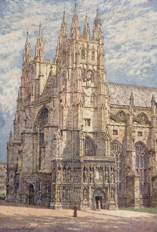 Západní věže a jihozápadní vchod do katedrály, Canterbury (barevná litografie) od William Biscombe Gardner