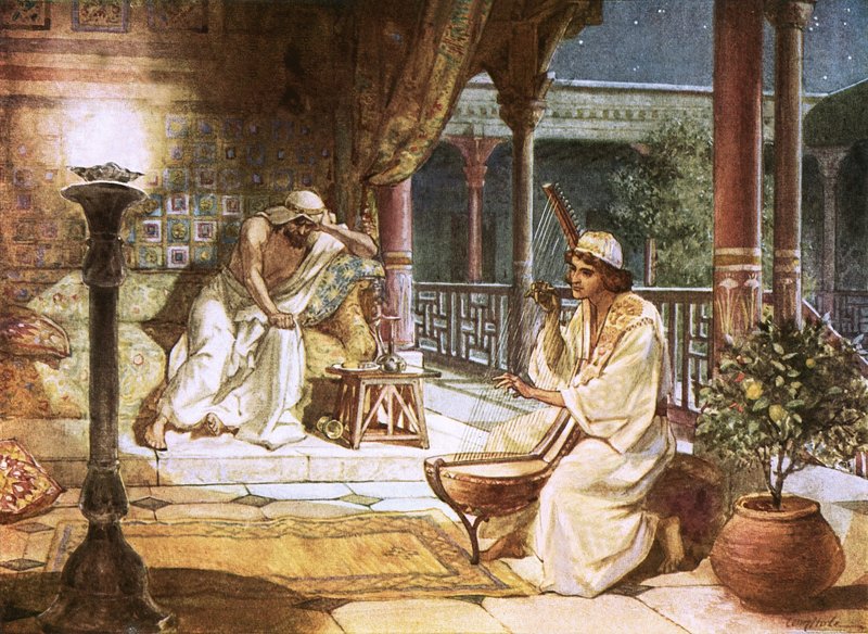David hraje na harfu před Saulem od William Brassey Hole