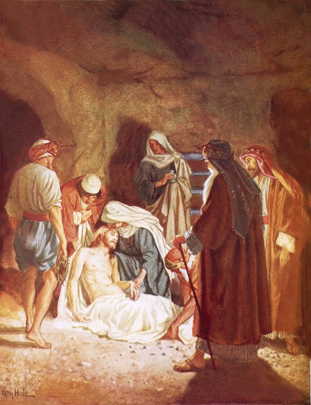 Josef z Arimatie ležící Ježíšovo tělo ve své vlastní hrobce od William Brassey Hole