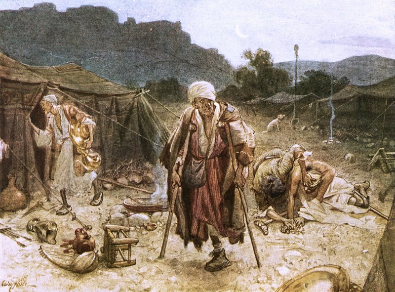 Čtyři malomocní plenící tábor Syřanů od William Brassey Hole