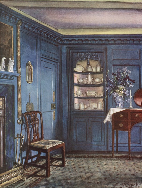 Výzdoba interiéru: Jídelna s modrými stěnami (barevná litografie) od William Bruce Ellis Ranken