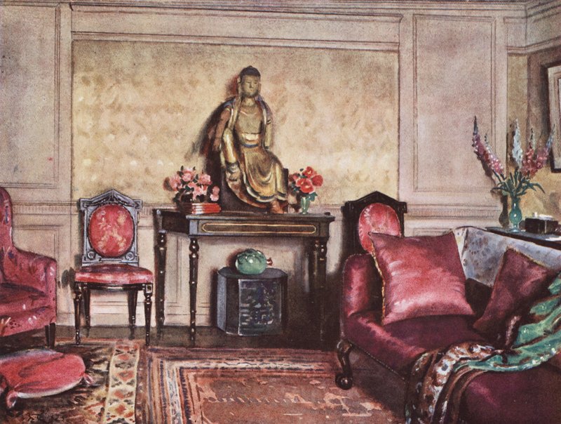 Výzdoba interiéru: Zařizovací předloha s úspěšným použitím růžové barvy (barevná litografie) od William Bruce Ellis Ranken