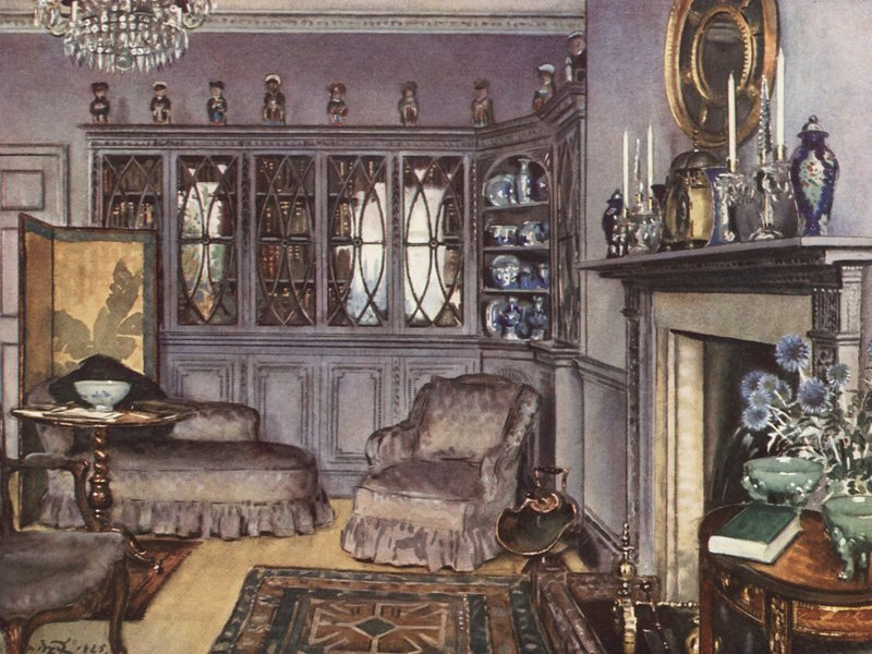 Výzdoba interiéru: Obývací pokoj ve fialově šedé barvě (barevná litografie) od William Bruce Ellis Ranken
