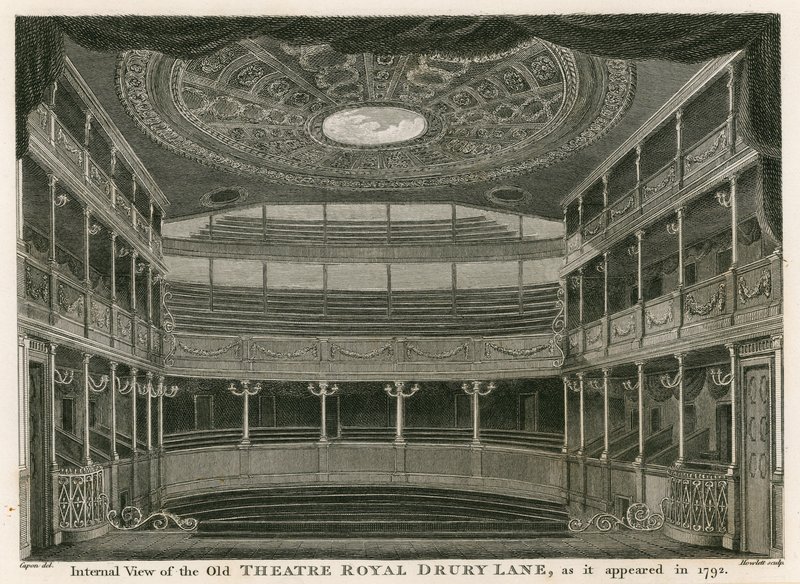 Vnitřní pohled na staré divadlo Royal, Drury Lane, Londýn, jak se zdálo v roce 1792 od William Capon