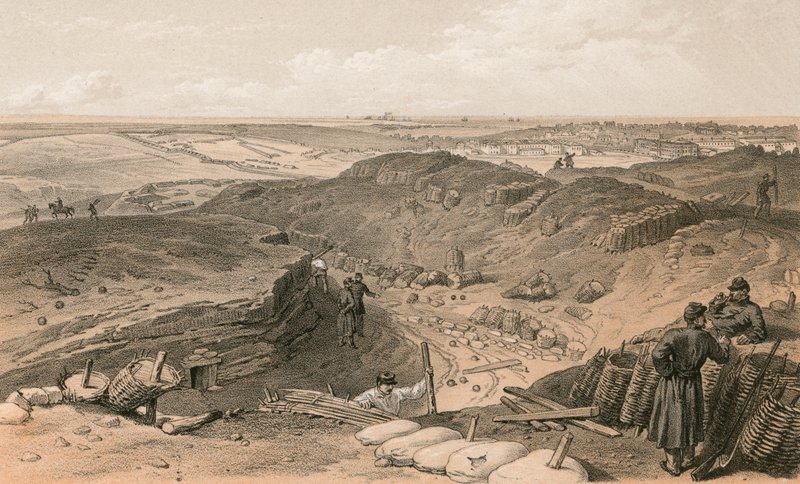 Příkop Malakoff, baterie Gervais a zadní část Redan od William Crimea Simpson