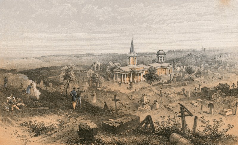 Karanténní hřbitov a kostel s francouzskou baterií č. 50 od William Crimea Simpson