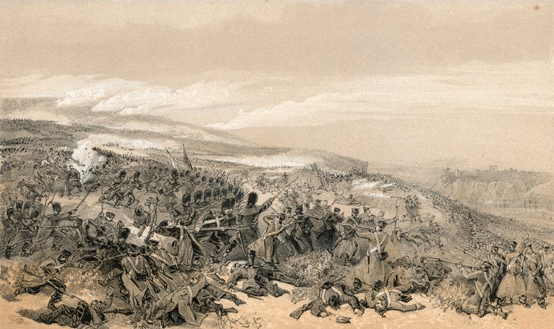 Druhý útok na gardy, když znovu dobyly dvě dělové baterie v bitvě u Inkermanna od William Crimea Simpson