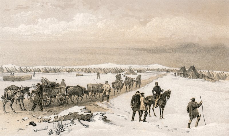 Tábor 1. divize, při pohledu na sever k táboru 2. divize, výšiny Inkermann v dálce od William Crimea Simpson