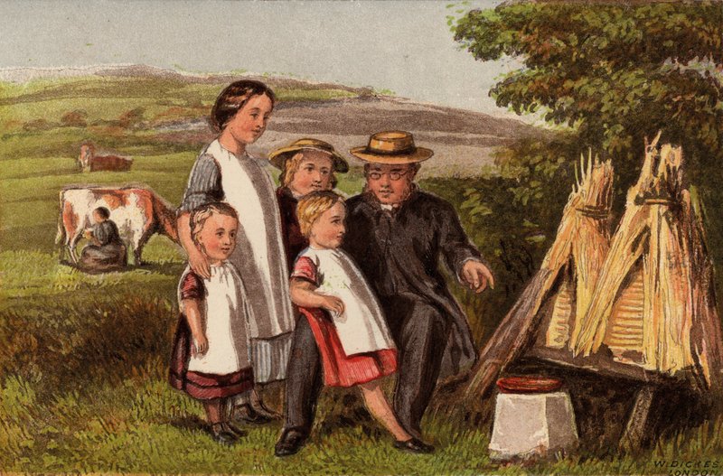 Průmysl: rodina na venkově s úly (chromolitho) od William Dickes